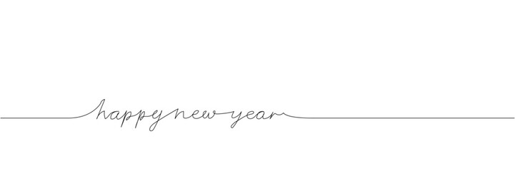 Greetings Happy New Year, lettering one line art. Continuous line drawing of new year holidays, christmas, congratulations, weekend, greetings, festive atmosphere.