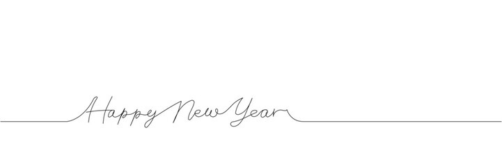 Greetings Happy New Year, lettering one line art. Continuous line drawing of new year holidays, christmas, congratulations, weekend, greetings, festive atmosphere, handwritten.