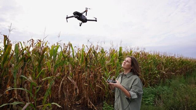 Female farmer flying drone over ripe corn field