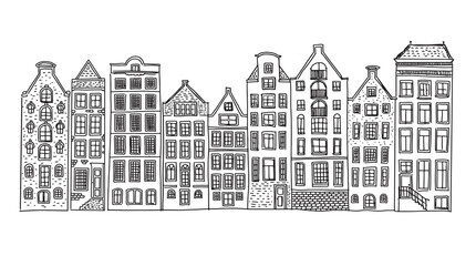 Houses facades in a row, Amsterdam hand drawn illustration.  - obrazy, fototapety, plakaty