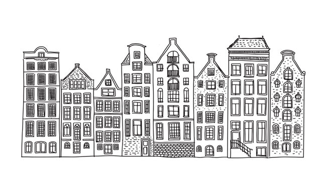 Houses facades in a row, Amsterdam hand drawn illustration. 