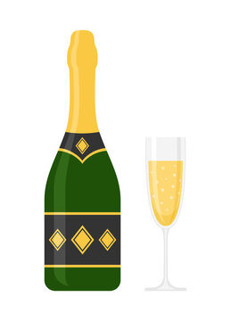 Bottle and glass of champagne or sparkling wine isolated on white background. Flat vector illustration