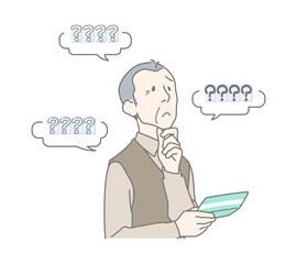 通帳の暗証番号が思い出せずに困るシニア男性（認知症、物忘れ）