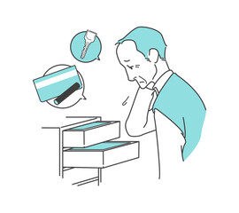 通帳や鍵などの貴重品を紛失して困り果てるおじいさん