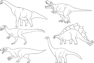 Hand drawn set of dinosaurs. Vector prehistoric animals illustration. Coloring book with dinosaurs