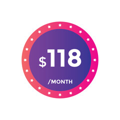 $118 USD Dollar Month sale promotion Banner. Special offer, 118 dollar month price tag, shop now button. Business or shopping promotion marketing concept
