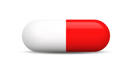 Red and white capsule pill isolated on white background closeup vector illustration.