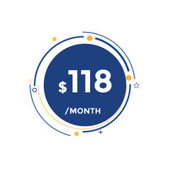 $118 USD Dollar Month sale promotion Banner. Special offer, 118 dollar month price tag, shop now button. Business or shopping promotion marketing concept
