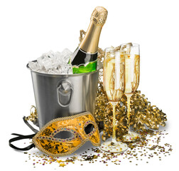 Bottle of Champagne in Ice Bucket with Flutes, Streamers and Mask