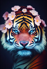 Cute tiger with flowers 3d illustrated 
