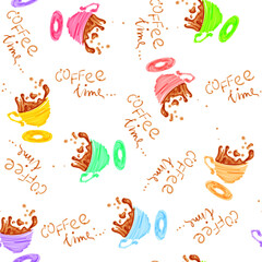Vector seamless pattern with hand drawn coffee cups drawn with marker . Good for web page design, menu texture, surface background.