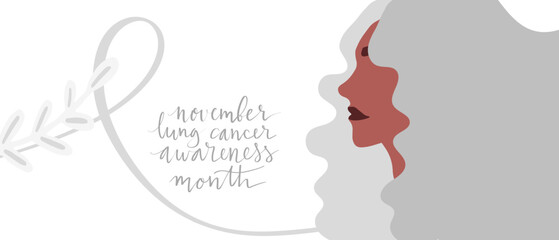 Lung cancer awareness month Novermber handwritten lettering. White support ribbon and african american woman with gray hair. Web banner vector