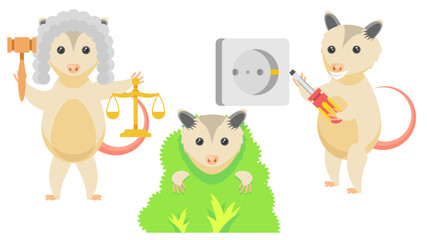 Naklejka premium Set Abstract Collection Flat Cartoon Different Animal Opossum Mounts The Socket, Judge With Scales And Gavel, Hiding In The Bushes Vector Design Style Elements Fauna Wildlife