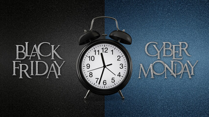 alarm clock with black Friday and cyber Monday text isolated on  background, sign for ticket gift card, promotional or advertising banner, time for sale, shopping and saving. Template with copy space - obrazy, fototapety, plakaty