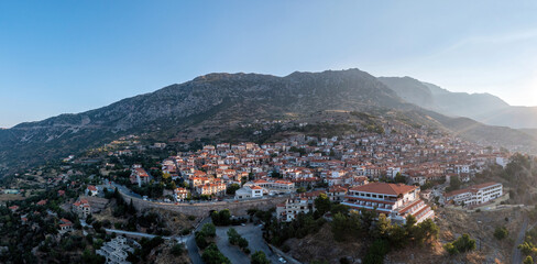 Fototapeta na wymiar Arachova Greece mountain town aerial drone view, Boeotia. Tourist resort