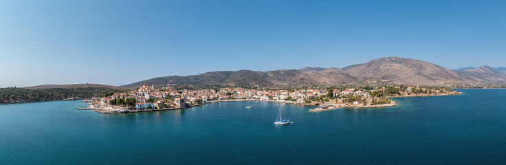 Fototapeta na wymiar Galaxidi Greece, aerial panorama. Traditional town in Fokida, sunny day.