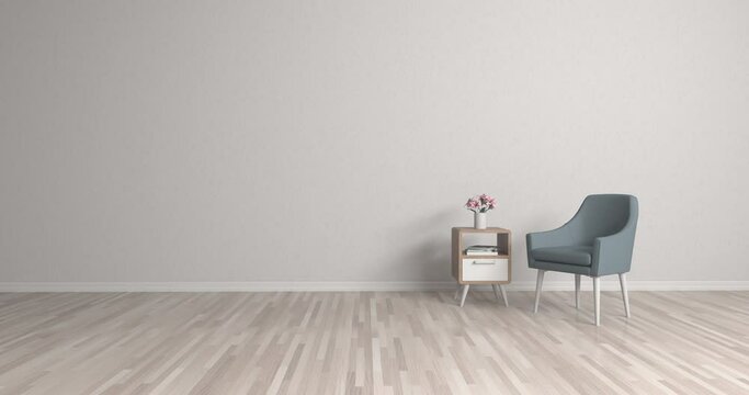 White interior. Transition to color. Minimalistic living room interior. Armchair on the background of the wall.