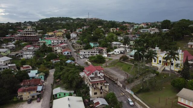 Aerial Drone view of colourful houses in the tropical city of San Ignacio, Belize. 