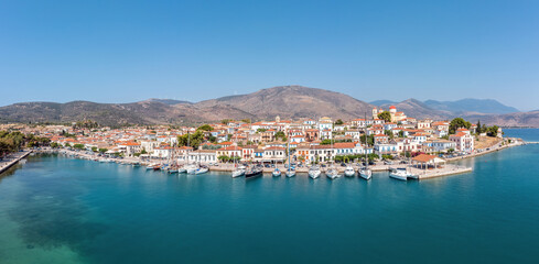 Galaxidi Greece from above, aerial drone view. Traditional town sunny day.