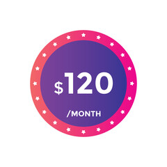 $120 USD Dollar Month sale promotion Banner. Special offer, 120 dollar month price tag, shop now button. Business or shopping promotion marketing concept
