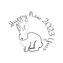 Rabbit, hare and inscription happy 2023 new year one line art. Continuous line drawing of new year holidays, christmas, congratulations, lettering, animal, zodiac, symbol of year, festive atmosphere.
