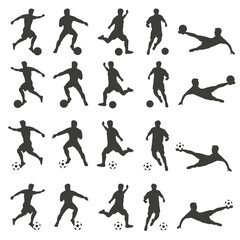 set of silhouettes of football players with the ball in different poses