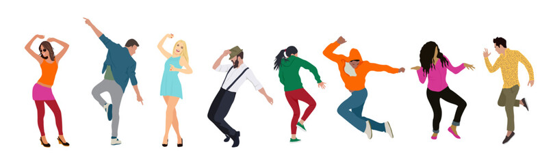 Fototapeta na wymiar Set of young men and women dressed in trendy clothes dancing at club or music concert. Collection of male and female cartoon characters having fun at dance party. Flat colorful vector illustration.