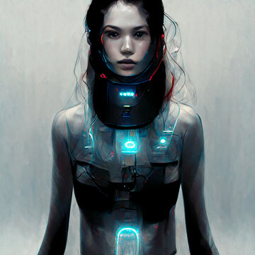 Illustration of a beautiful female android with robotic nerves and bones. Artificial intelligence concept