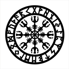 Helm of Awe, Aegishjalmur, viking protection symbol, Norse mythology, Futhark runes circle, isolated, vector