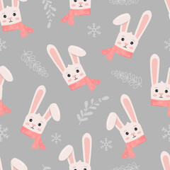 Winter seamless pattern with bunny in scarf. Perfect for wrapping paper, greeting cards and seasonal design.