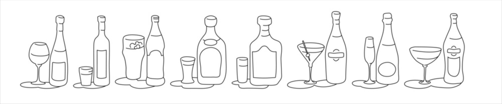 Wine vodka beer tequila rum martini champagne vermouth bottle and glass outline icon on white background. Black white cartoon sketch graphic design. Doodle style. Hand drawn image. Party drinks