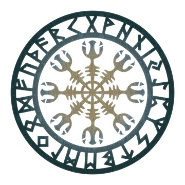 Helm of Awe, Aegishjalmur, viking protection symbol, Norse mythology, Futhark runes circle, isolated