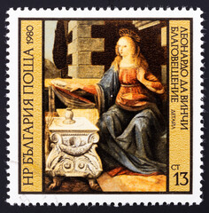 Postage stamp 'Annunciation - detail, Leonardo da Vinci' printed in Bulgaria. Series: 'Paintings by...