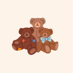 Three teddy Bears. Bear hug. Funny characters. Valentines day, love, romance, toy, gift concept. Cartoon style. Hand drawn colorful Vector illustration. Greeting card, print, design template