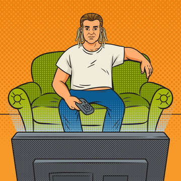 Man in front of TV with noodles on his ears pinup pop art retro vector illustration. Metaphor for propaganda and deception from television. Comic book style imitation.