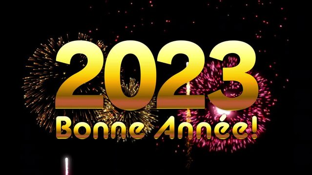 "Happy New Year 2023" in French. Fireworks in the background. Video celebrating the new year.