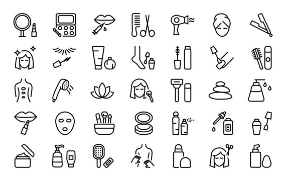 Set of 35 beauty icons in line style. Makeup brush, lipstick, cream bottle, face and body care products, massage. Vector illustration.