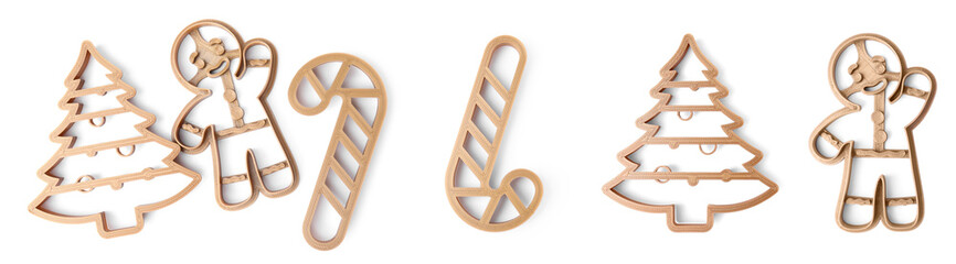 Set with cookie cutters of different shapes on white background, top view. Banner design - Powered by Adobe
