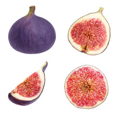 Set with tasty ripe whole and cut figs on white background