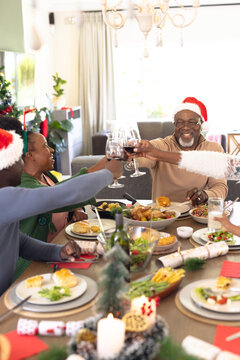 Vertical picture of african american family having christmas meal and drinking wine