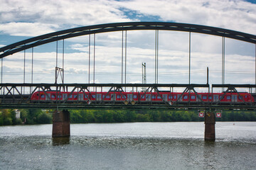 Frankfurt am Main, Germany - Train ride in Frankfurt over old steel bridge