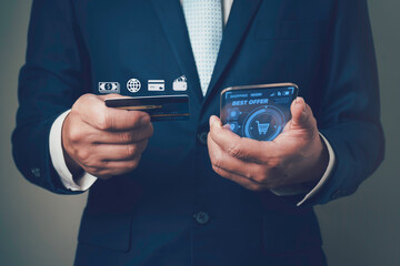 Mobile payment with wallet app technology..businessman paying and shopping online with smartphone application. Digital money transfer, banking and e commerce concept.