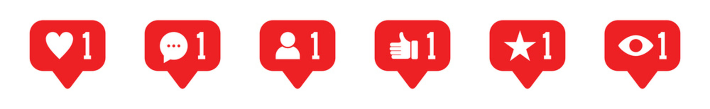 Social media notification flat icon vector collection. Like, heart, love, message, follower, add friend, favorite, and viewer notification sign button. Instagram notification button symbol