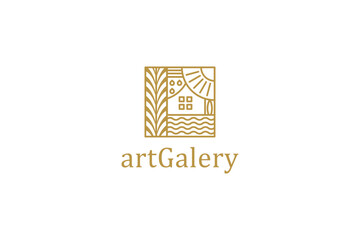Art galery frame border pattern logo design luxury gold line style roof house - obrazy, fototapety, plakaty