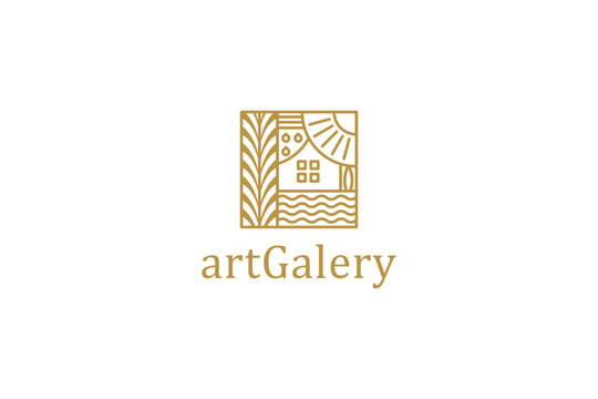 Art galery frame border pattern logo design luxury gold line style roof house