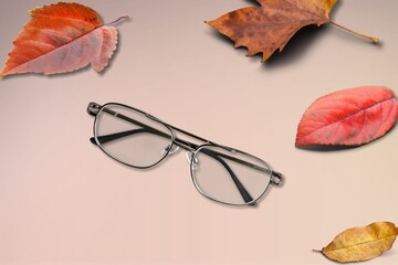 Fototapeta na wymiar Modern eyeglasses for a goood vision and autumn leaves