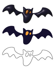 halloween bats in outline, vector and 3d, fully editable vector, halloween icon, happy halloween isolated white background
