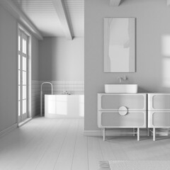 Fototapeta na wymiar Total white project draft, vintage minimalist bathroom. Wooden washbasin and freestanding bathtub. Japandi retro interior design