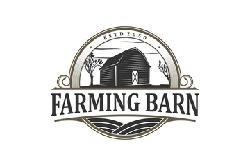 Farming barn logo design wood house rounded shape silhouette wooden house - obrazy, fototapety, plakaty