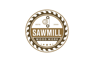 Capenter wood work logo design sawmill machine circular saw vintage timber lumberjack workshop wood log element - obrazy, fototapety, plakaty